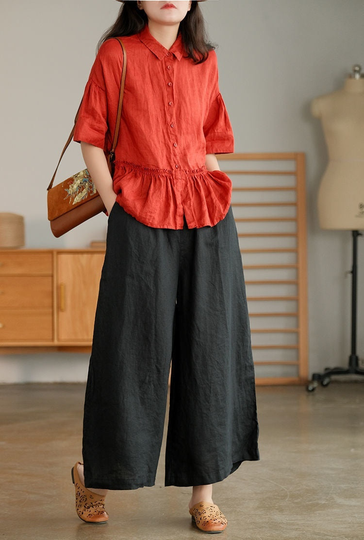 Cotton And Linen Cropped Wide-leg Casual Straight Breathable Slim Fit Casual Pants