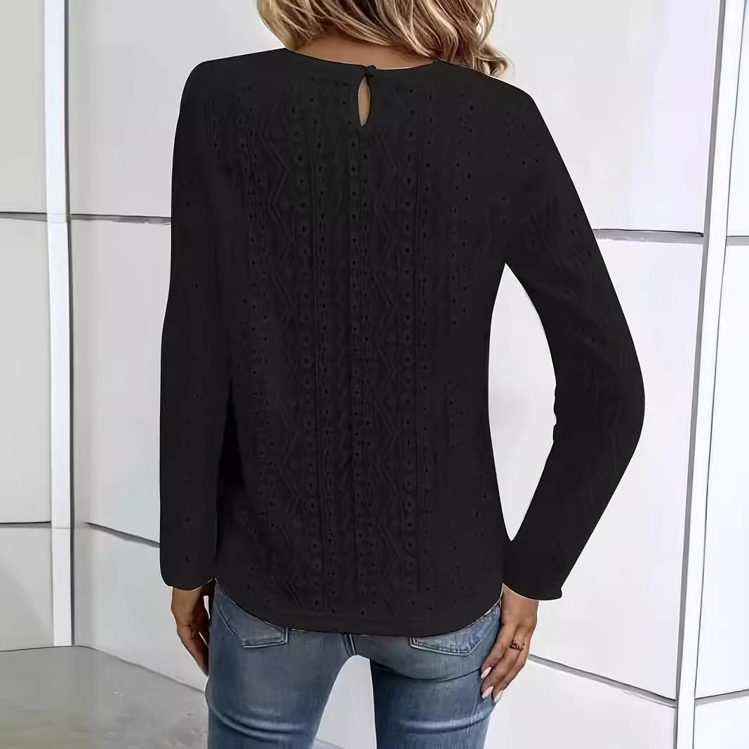 Elegant Fashion Solid Color Lace Stitching Hollow-out Long Sleeve T-shirt