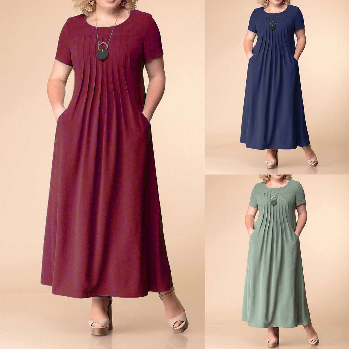 Plus Size Female Solid Color Round Neck Short Sleeves Dress