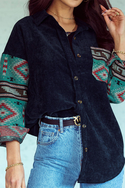 Aztec Pattern Sleeve Pocketed Corduroy Shacket