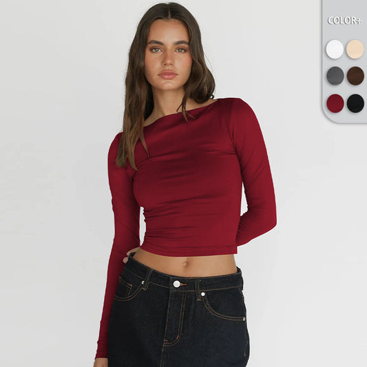 Off-neck Navel Solid Color Versatile Top