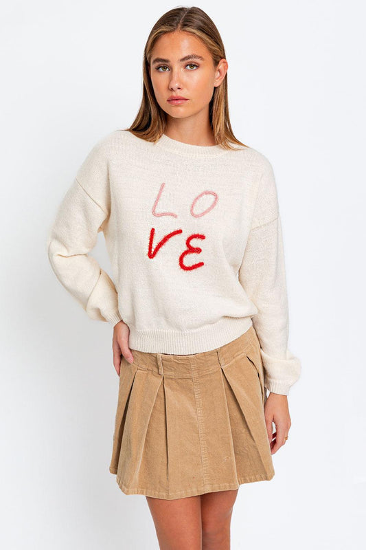 Round Neck Recycled Poly Mix "LOVE" Knit Sweater