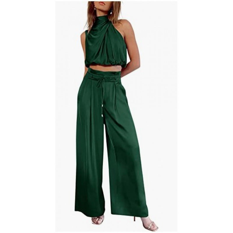 Summer Suits Casual Sleeveless Midriff-baring Top And Wide Leg Pants 2pcs Set Womens Clothing