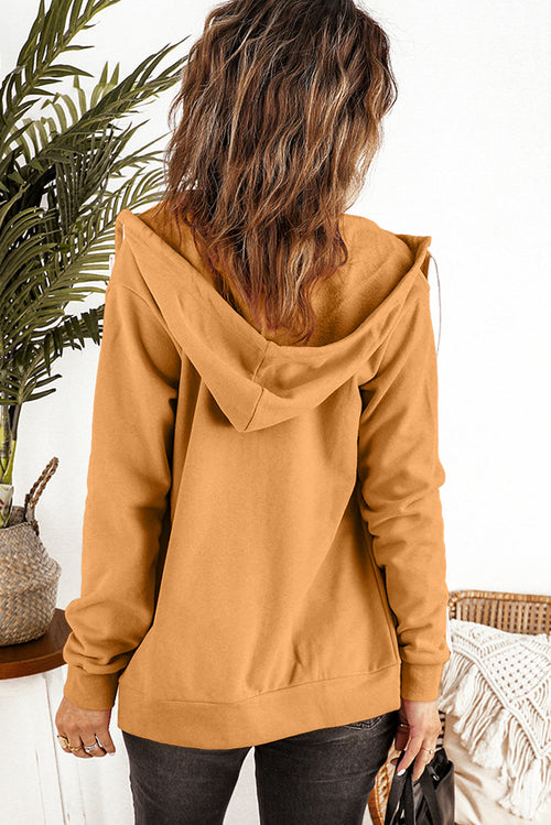 Zip-Up Pocket Drawstring Brown Hoodie Jacket