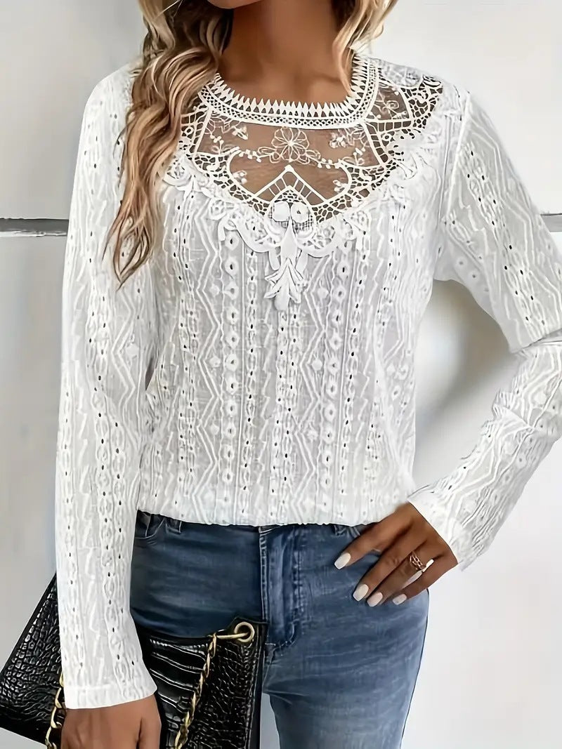 Elegant Fashion Solid Color Lace Stitching Hollow-out Long Sleeve T-shirt