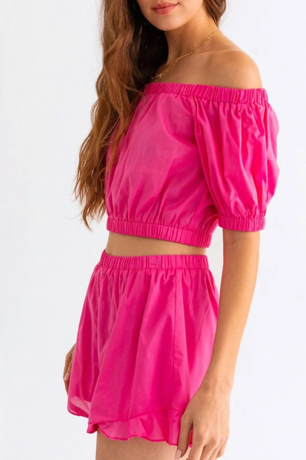 Hot Pink off Shoulder Crop Top Ruffle Shorts Set