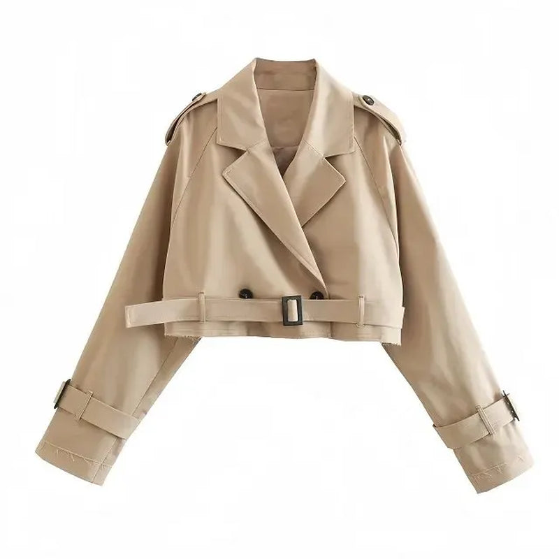 Khaki Women'S Casual Lapel Double Breasted Trench Jacket Autumn Winter Fashion Jacket Cropped Pea Coat Outwear with Belt