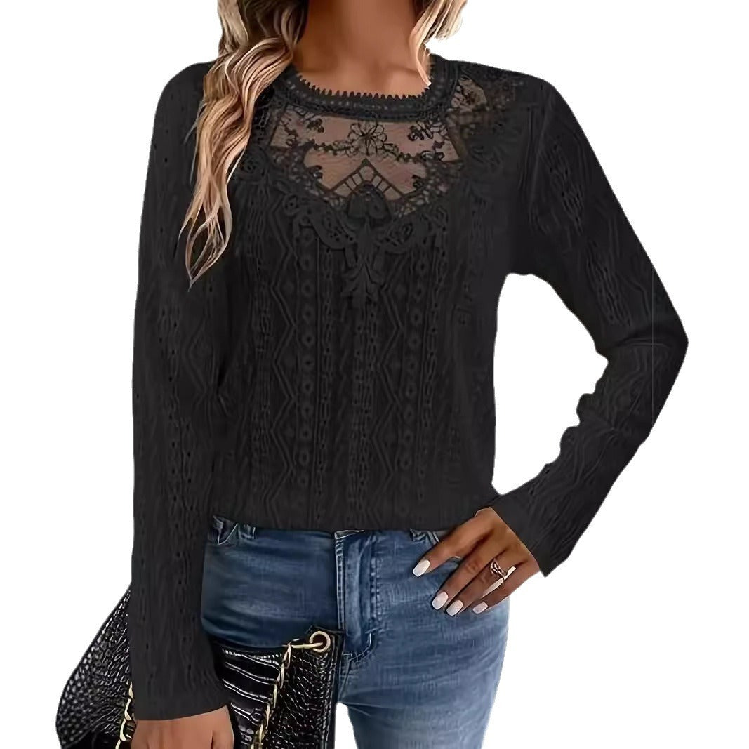 Elegant Fashion Solid Color Lace Stitching Hollow-out Long Sleeve T-shirt