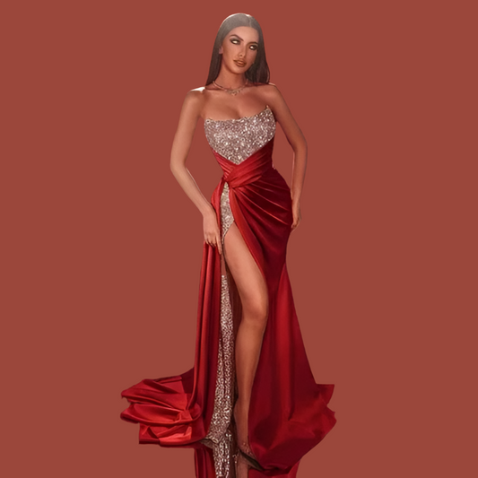 Sexy Strapless Sequin Prom Gown Slit Gala Dress with Large Swing for