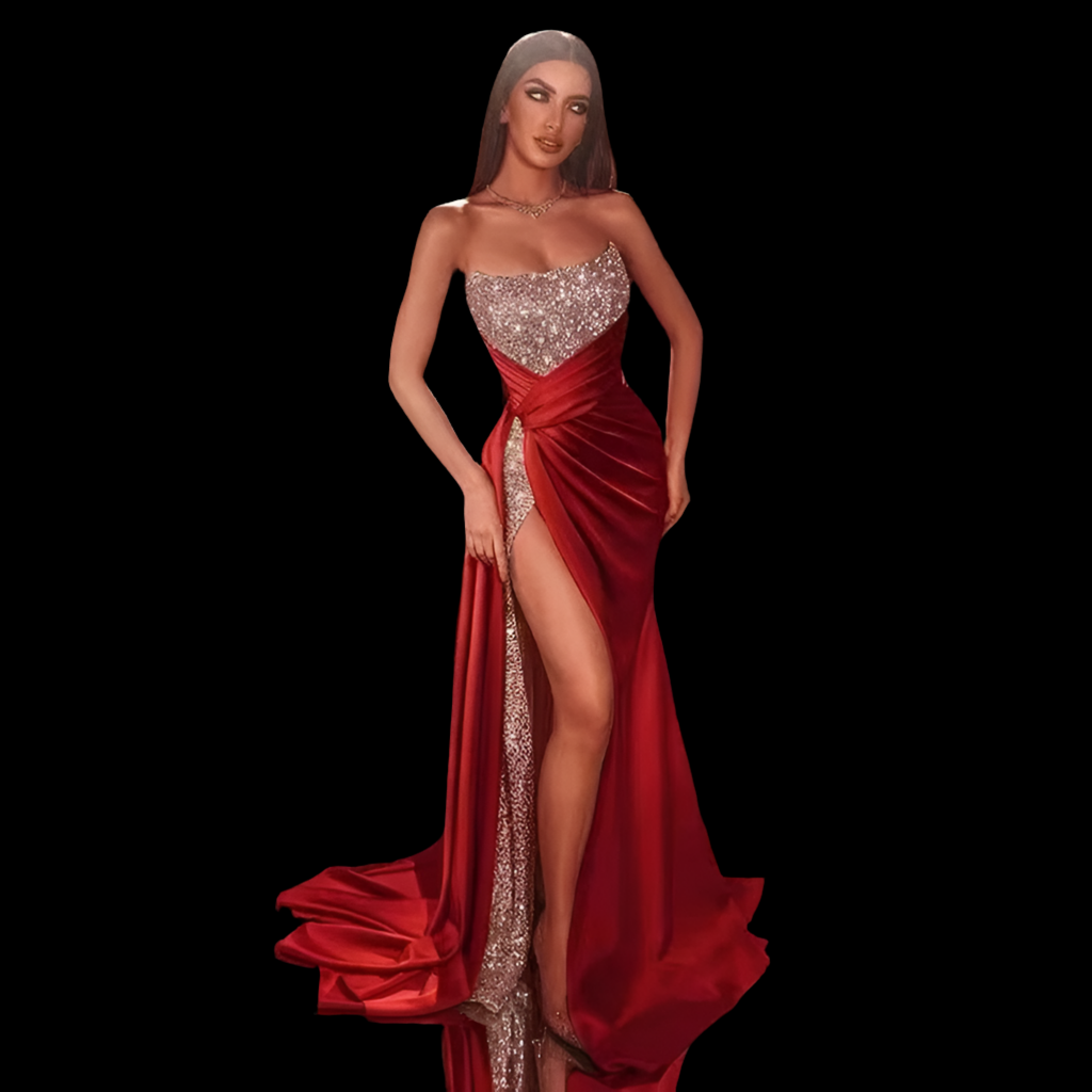 Sexy Strapless Sequin Prom Gown Slit Gala Dress with Large Swing for