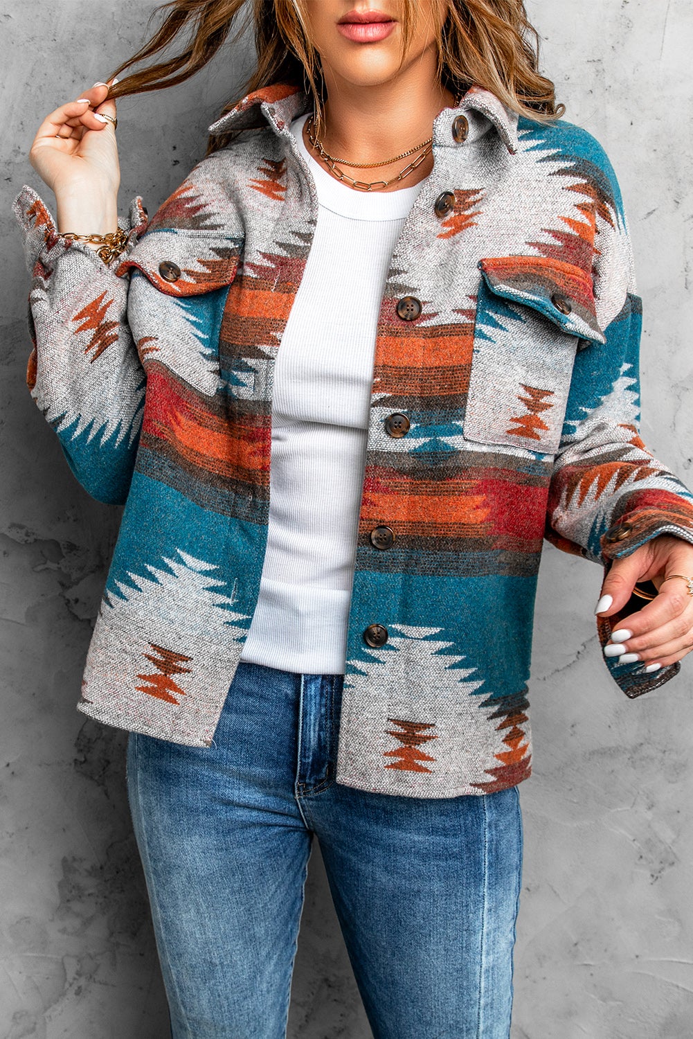 Distressed Aztec Lapel Shirt Jacket