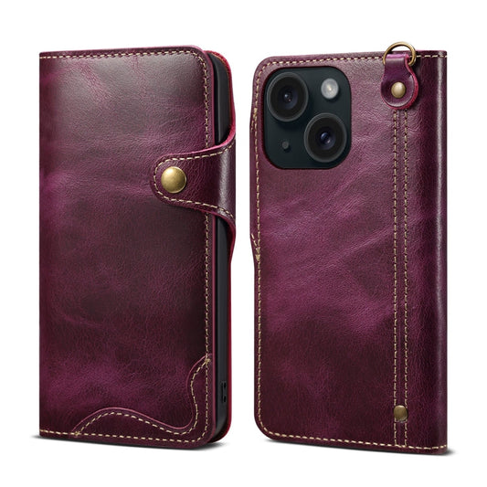 For iPhone 14 Denior Oil Wax Cowhide Magnetic Button Genuine Leather