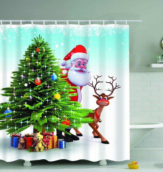 Santa And Reindeer Sneaking Out Shower Curtain