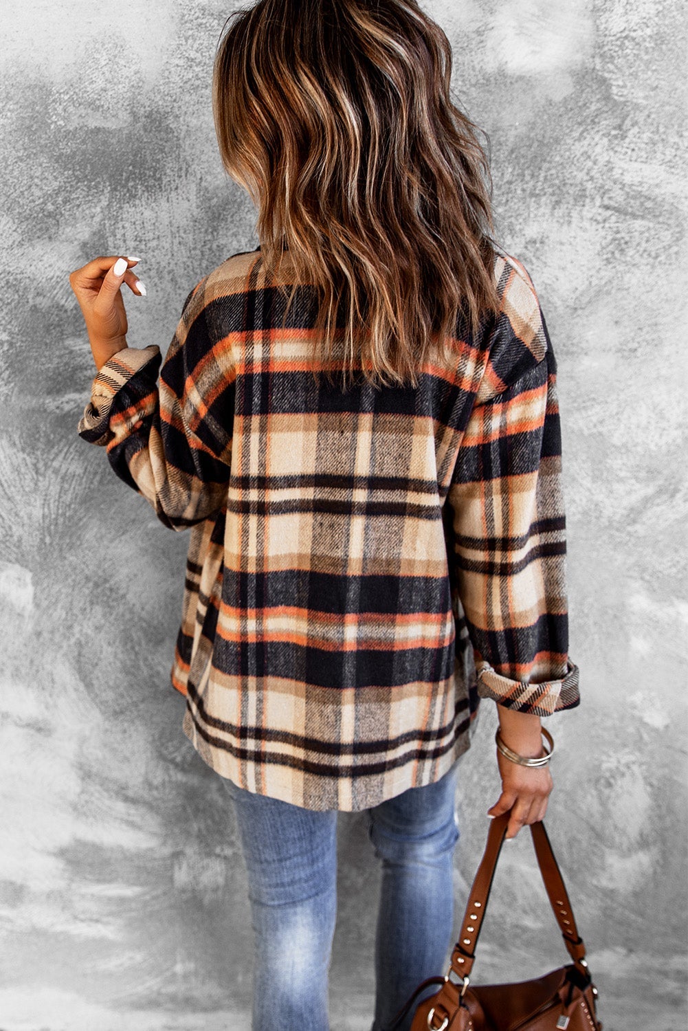 Orange Geometric Plaid Shirt Jacket