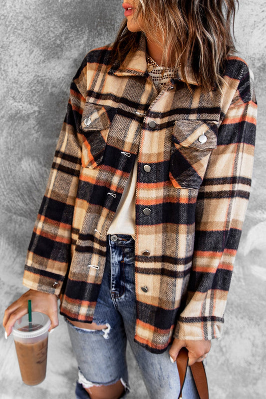 Orange Geometric Plaid Shirt Jacket