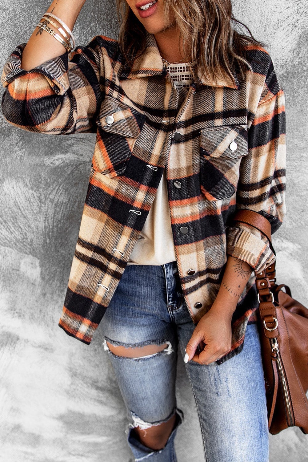 Orange Geometric Plaid Shirt Jacket