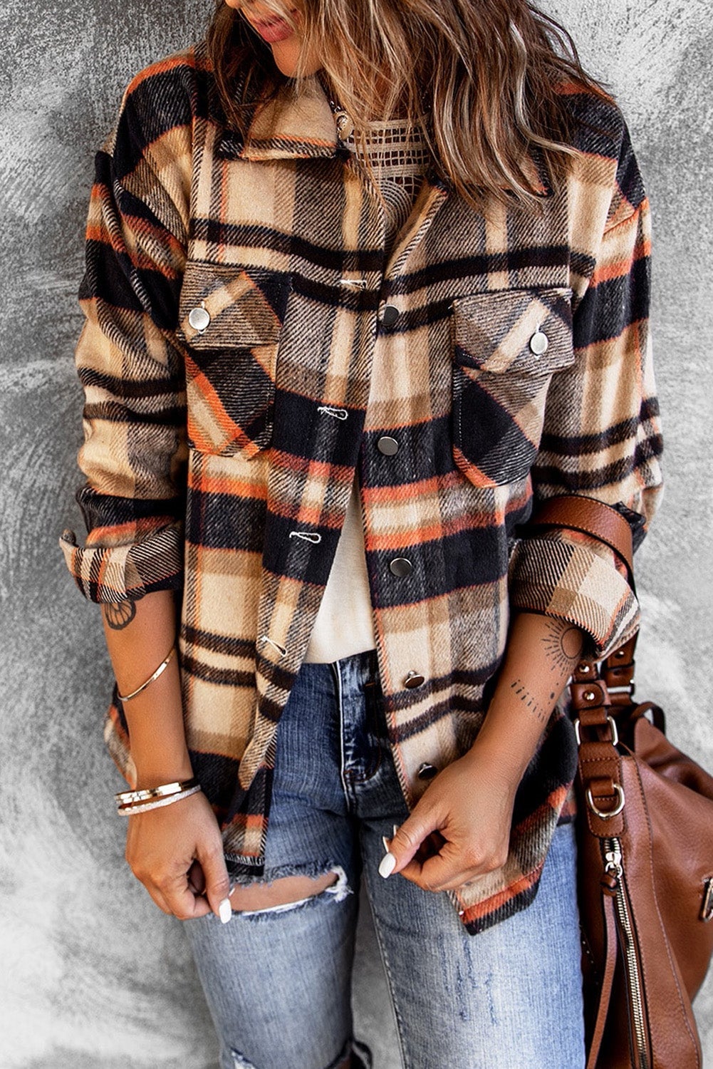 Orange Geometric Plaid Shirt Jacket