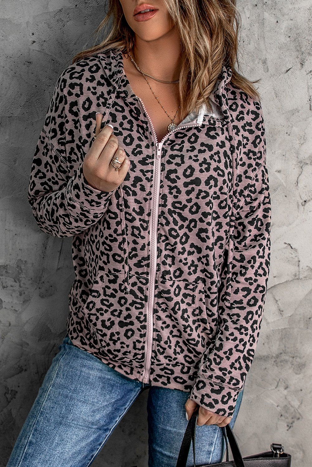 Leopard Zipper Hooded Coat