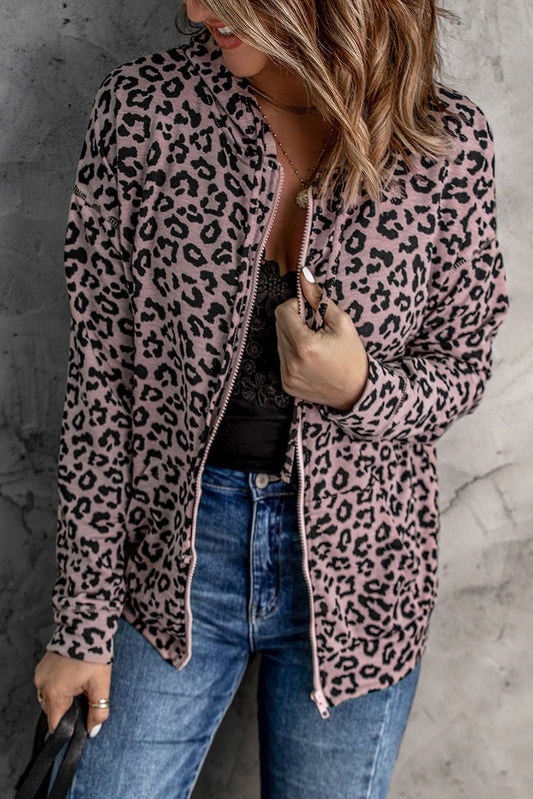 Leopard Zipper Hooded Coat