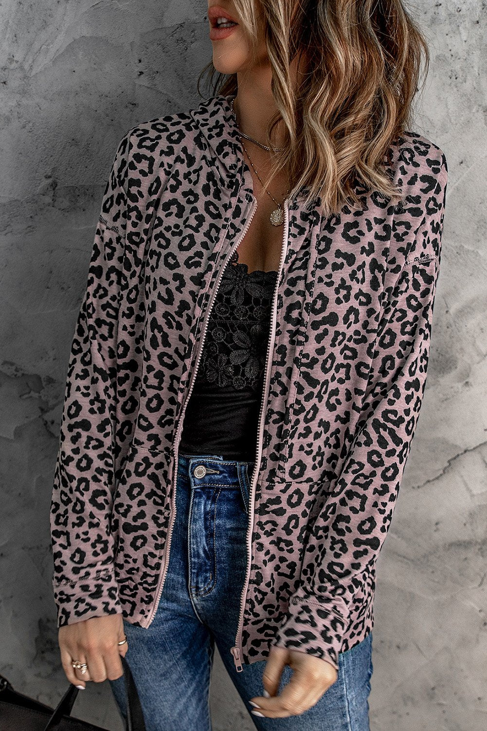 Leopard Zipper Hooded Coat