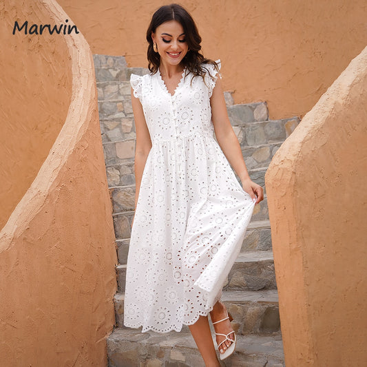 Marwin Long Simple Casual Solid Hollow Out Pure Cotton Holiday Style