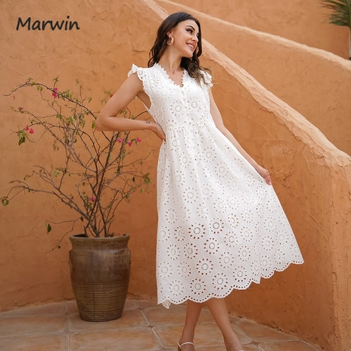 Marwin Long Simple Casual Solid Hollow Out Pure Cotton Holiday Style