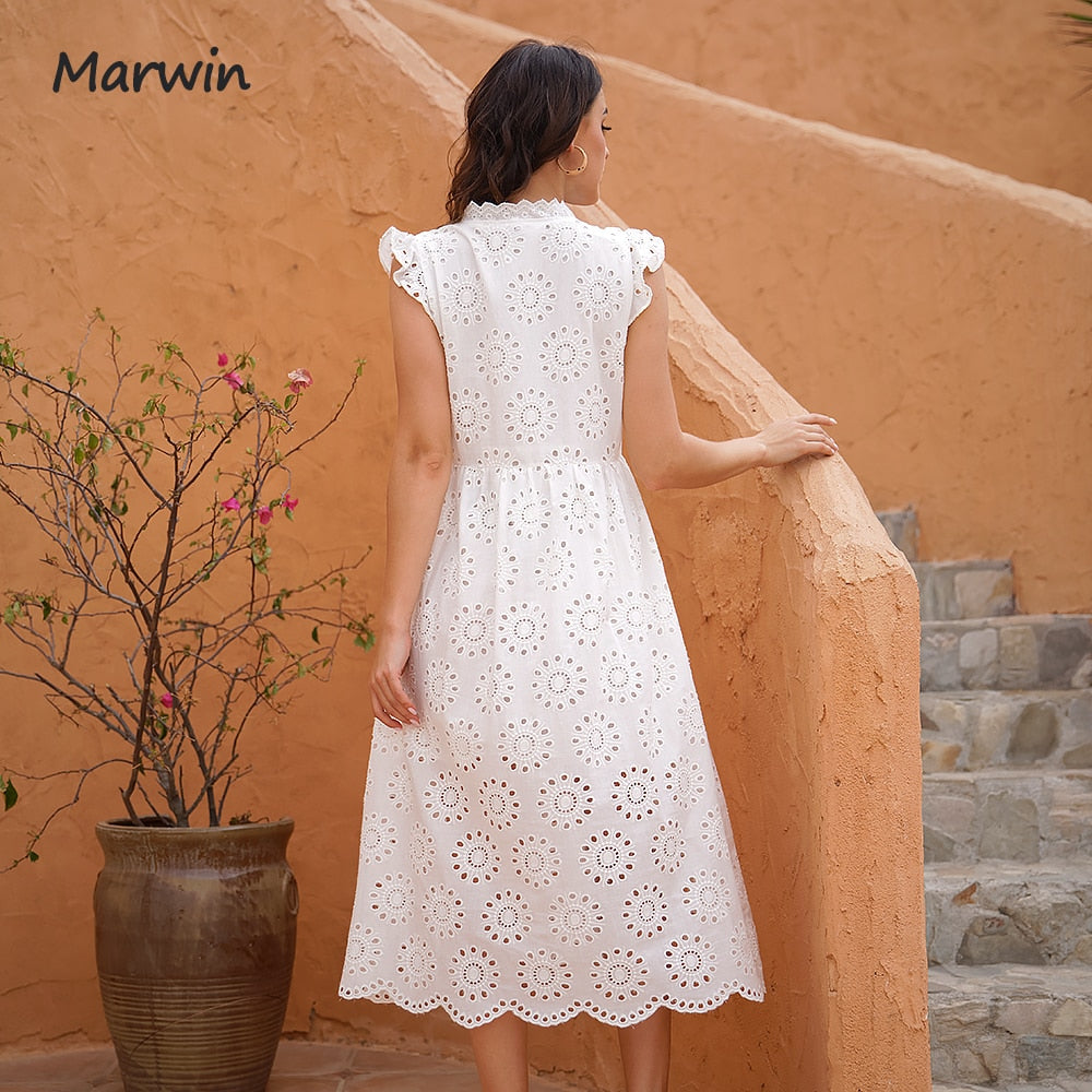 Marwin Long Simple Casual Solid Hollow Out Pure Cotton Holiday Style