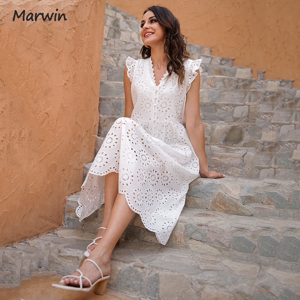 Marwin Long Simple Casual Solid Hollow Out Pure Cotton Holiday Style