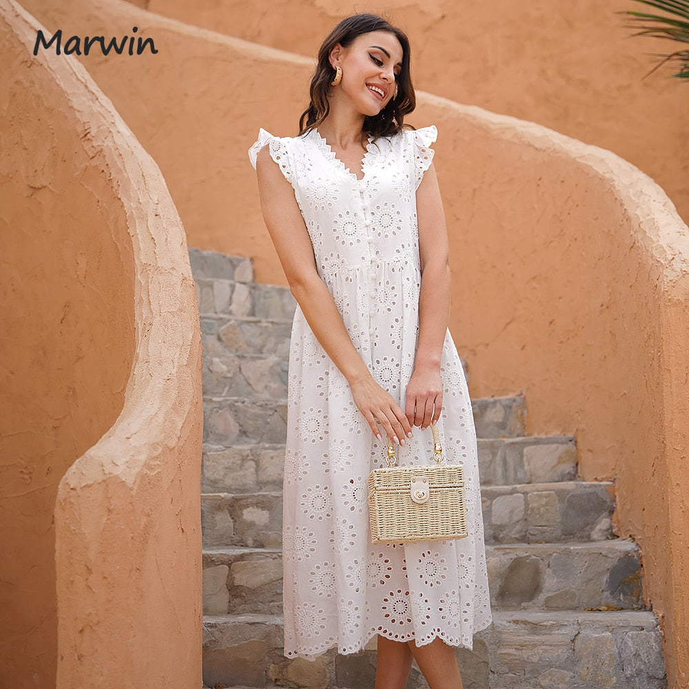 Marwin Long Simple Casual Solid Hollow Out Pure Cotton Holiday Style