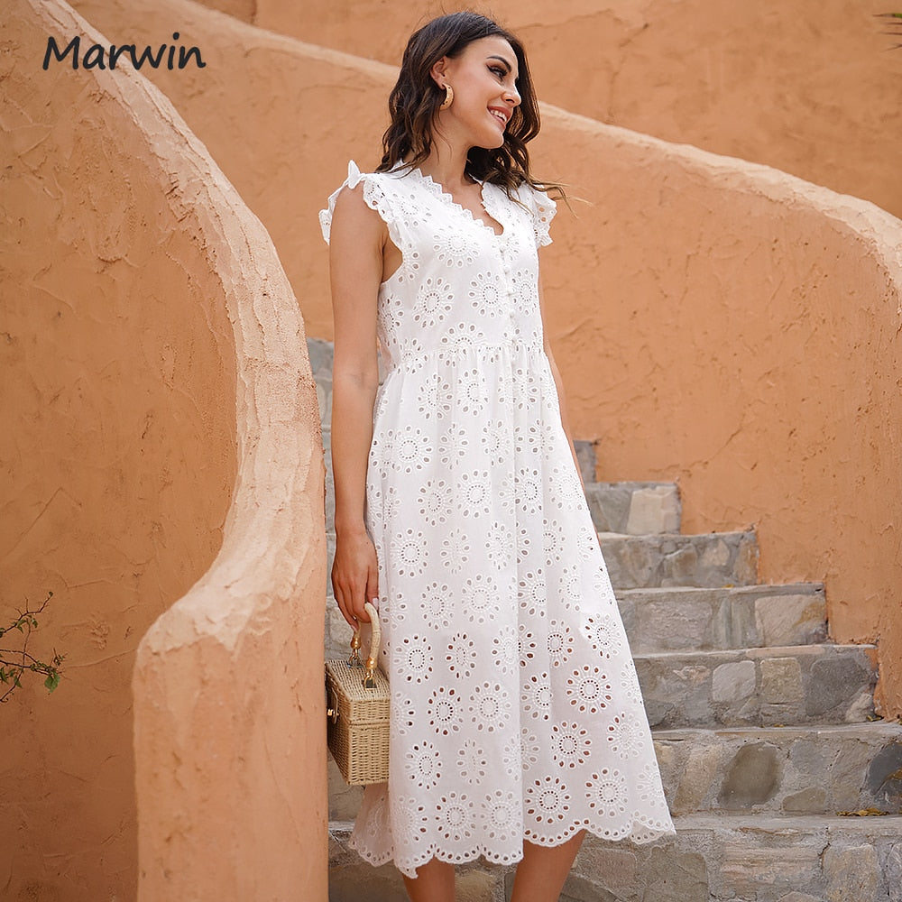 Marwin Long Simple Casual Solid Hollow Out Pure Cotton Holiday Style