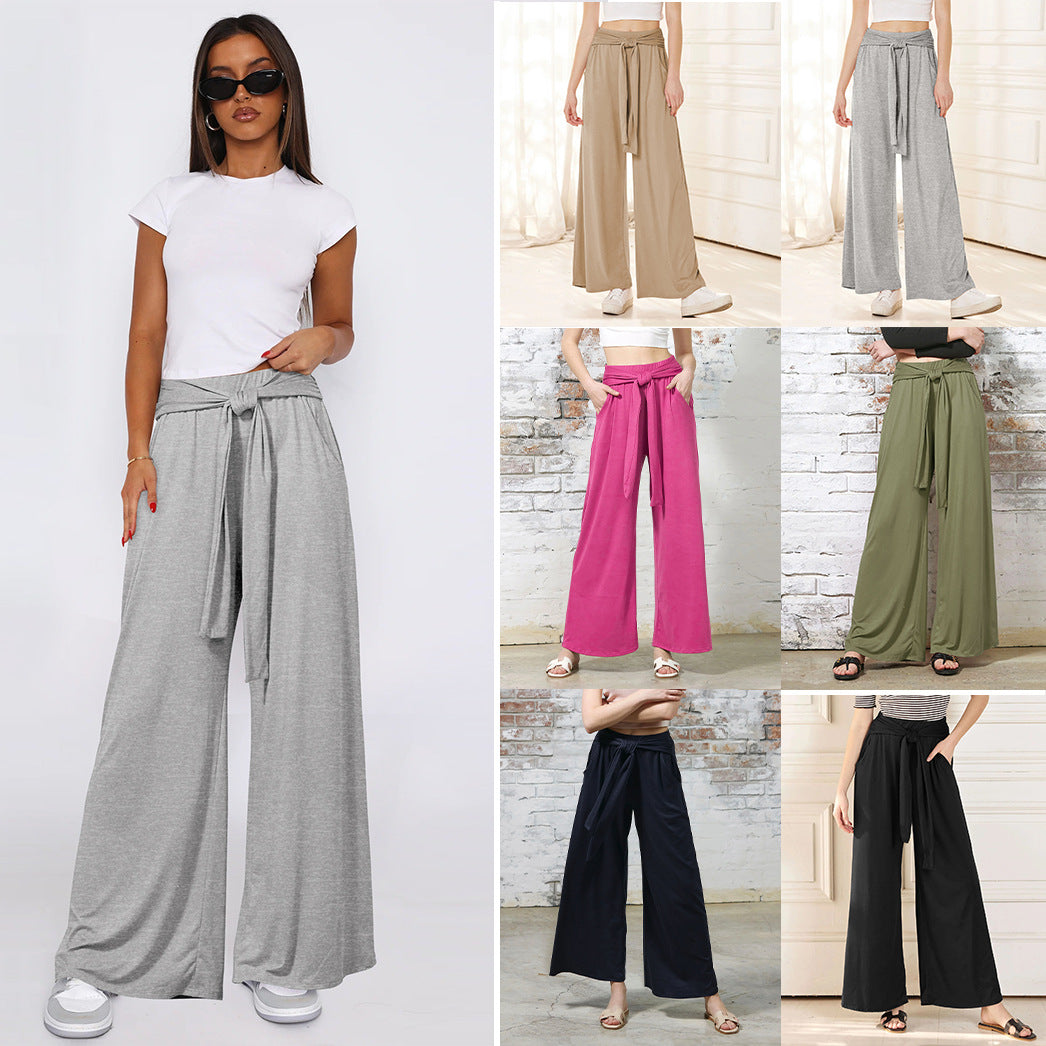 Women's Solid Color Draping Lace-up Wide-leg Pants