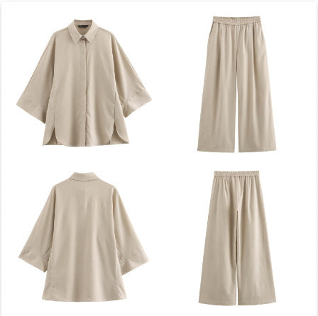 Women's Linen Blend Wide Sleeve Shirt Straight-leg Pants Suit