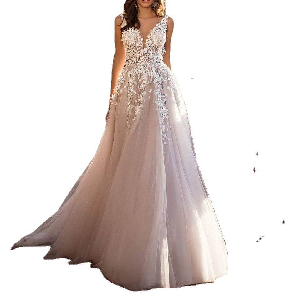 European And American Style Sexy Lace Dress Sleeveless Deep V-neck Wedding Dress Embroidery