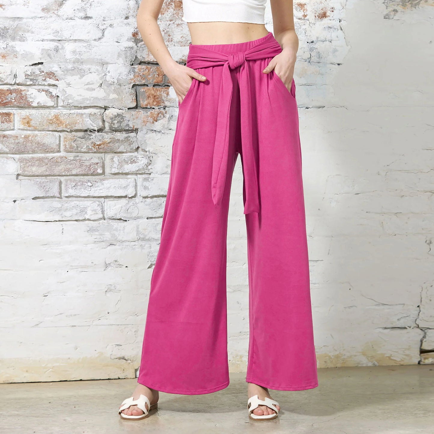 Women's Solid Color Draping Lace-up Wide-leg Pants