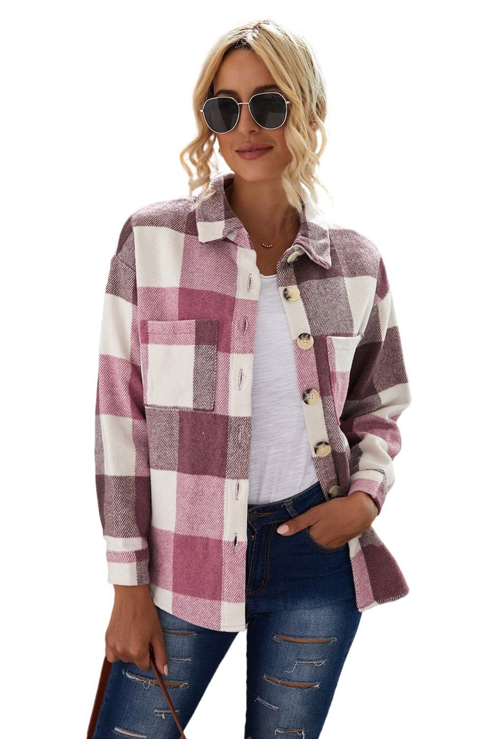 Red Plaid Color Block Buttoned Long Sleeve Shirt Jacket with Pocket