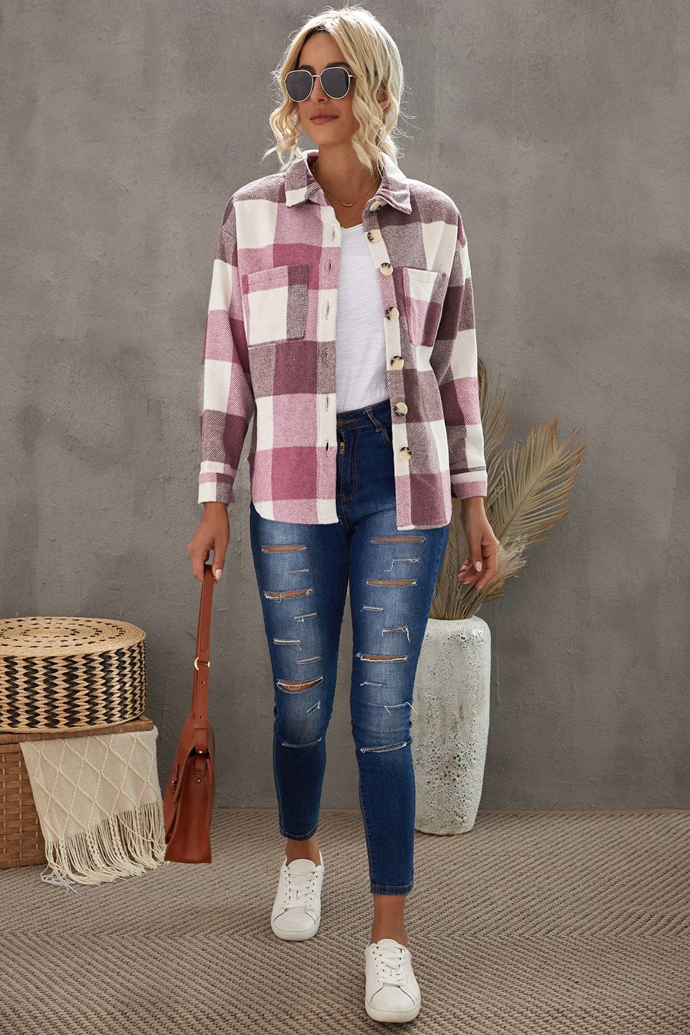 Red Plaid Color Block Buttoned Long Sleeve Shirt Jacket with Pocket