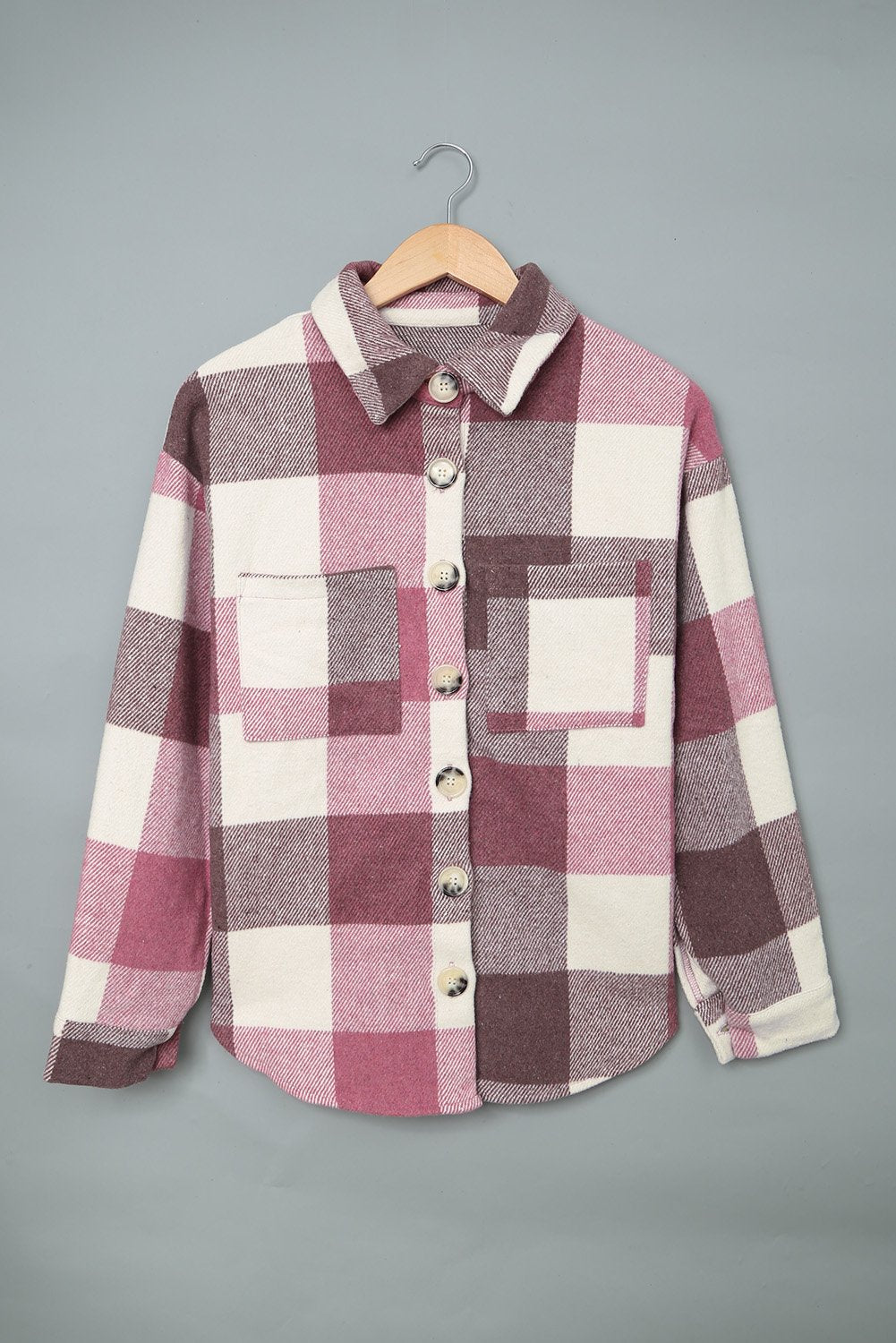 Red Plaid Color Block Buttoned Long Sleeve Shirt Jacket with Pocket