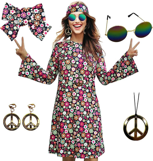 5pcs Set 60s 70s Women Hippie Costume Accessories Hippie Disco Dress ,