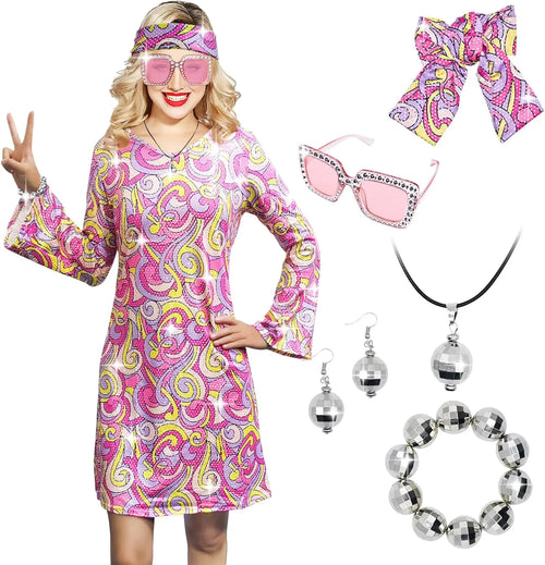 5pcs Set 60s 70s Women Hippie Costume Accessories Hippie Disco Dress ,