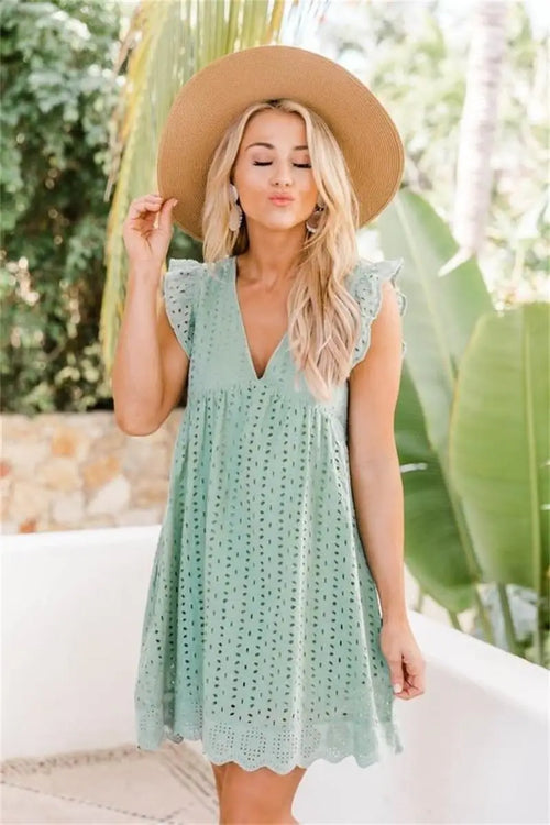 2023 California Romper V-neck Summer Short Sleeve Lace Dress Hollow