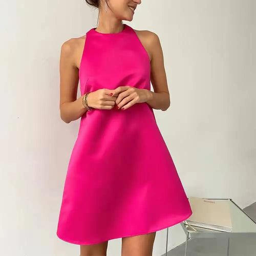 Satin Sleeveless Mini Dresses Women Summer O Neck Fashion Slim Casual