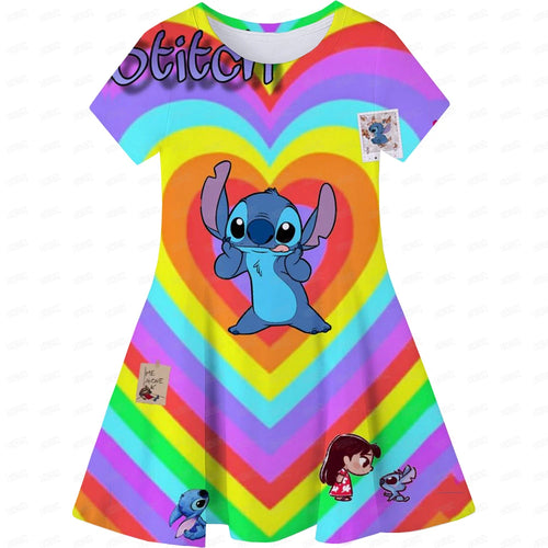 Cartoon Girls Dress Disney Stitch Pattern Children Clothes Princess