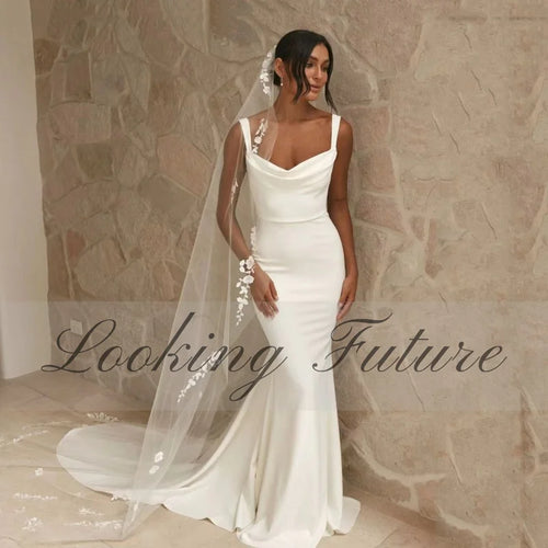 Elegant Satin Mermaid White Wedding Dress For Woman Square Collar