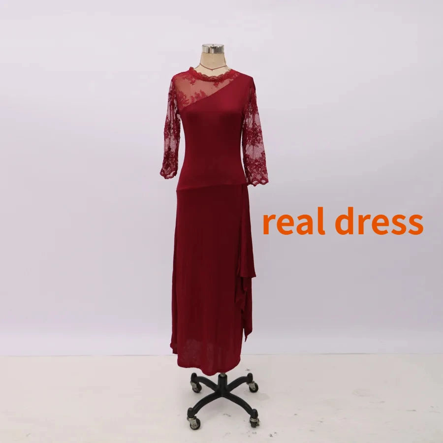 Vintage Bridesmaid Dress For Women Long Lace Sheer Round Neck Mid