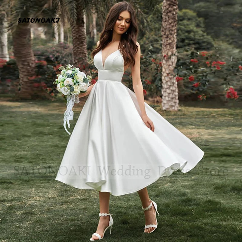 Elegant Simple Spaghetti Straps Satin Short Wedding Dress for Women