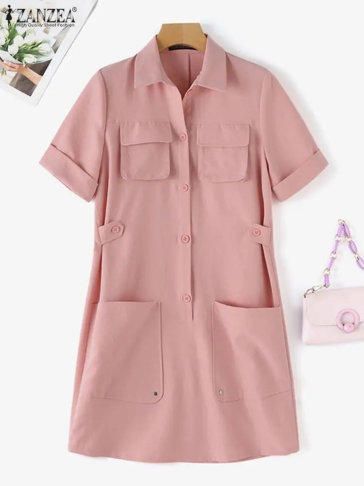 ZANZEA Elegant Cargo Dress Fashion Half Sleeve Shirtdress Woman Lapel