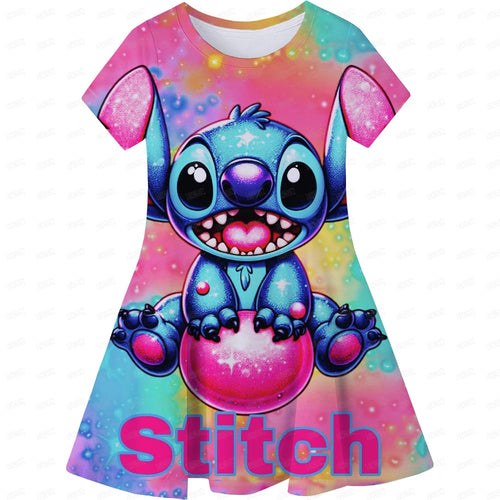 Cartoon Girls Dress Disney Stitch Pattern Children Clothes Princess