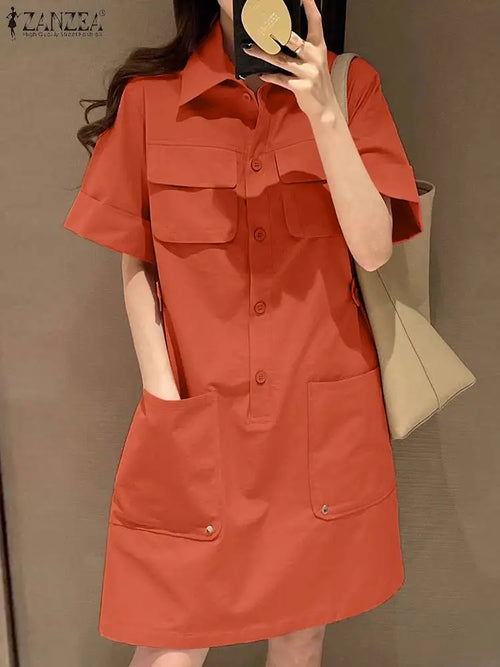 ZANZEA Elegant Cargo Dress Fashion Half Sleeve Shirtdress Woman Lapel