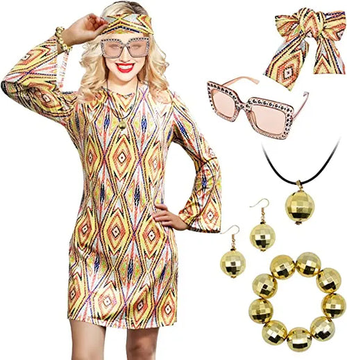 5pcs Set 60s 70s Women Hippie Costume Accessories Hippie Disco Dress ,