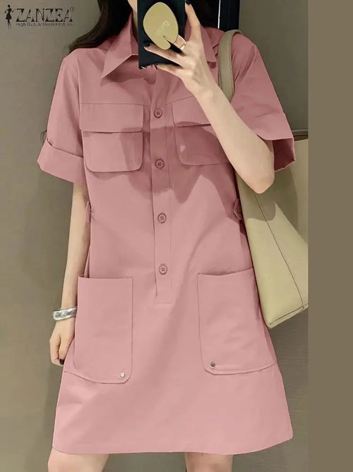 ZANZEA Elegant Cargo Dress Fashion Half Sleeve Shirtdress Woman Lapel